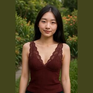 Free People Intimately Power Play Lace‎ Cami Tank Top Sz S Brown Flirty Coquette